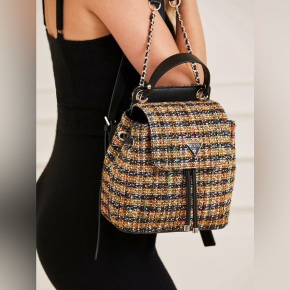 Women’s GUESS convertible Cessily black and‎ yellow Tweed Backpack purse bag - Picture 4 of 17